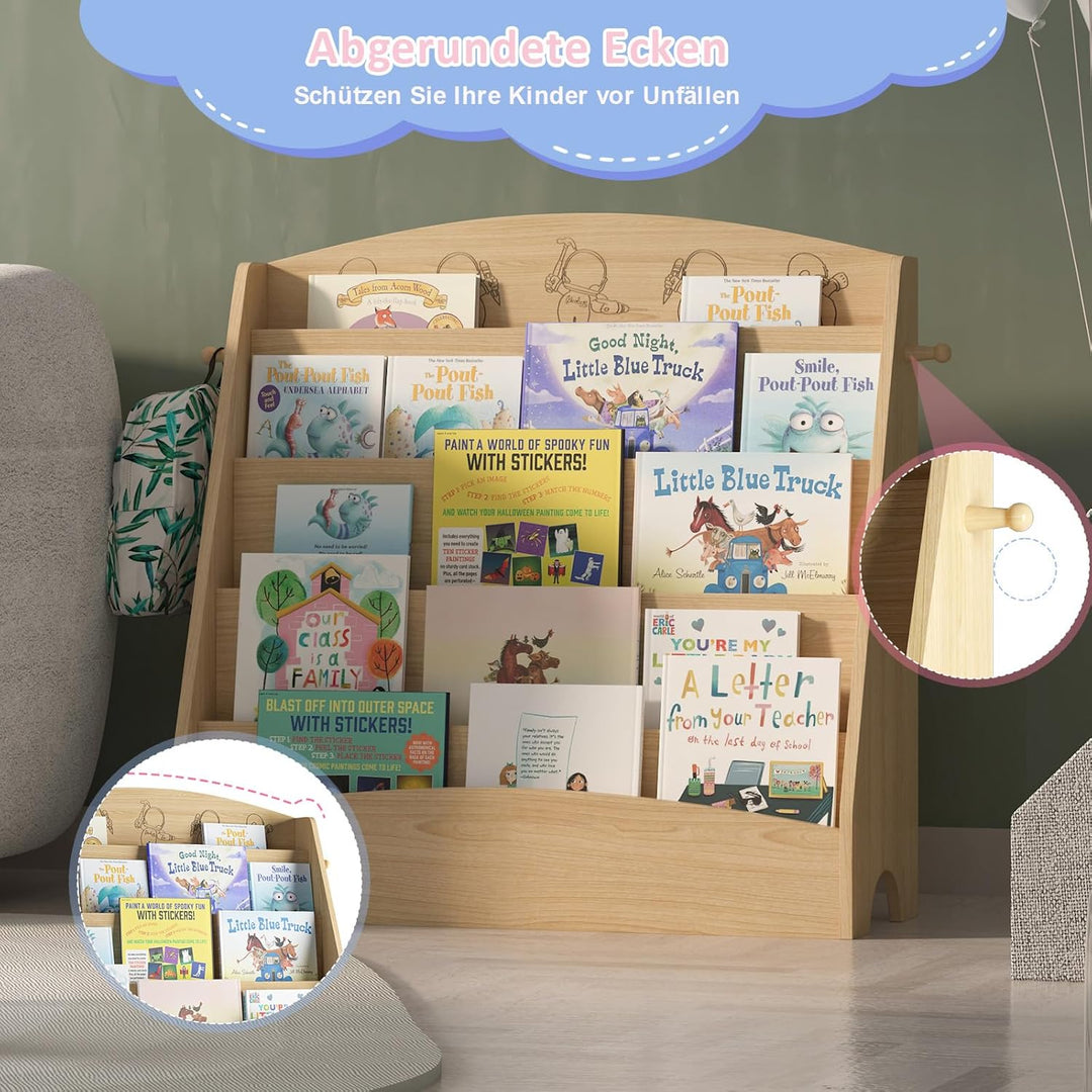 Kinder Bücherregal mit 5 offenen Fächern und Haken, Kinderregal Holz, Montessori Aufbewahrungsregal