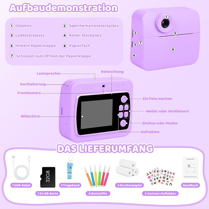GuKKK Kinderkamera Sofortbildkamera, 2,4 Zoll Sofortbildkamera Kinder mit 32G TF Karte und Fotopapie