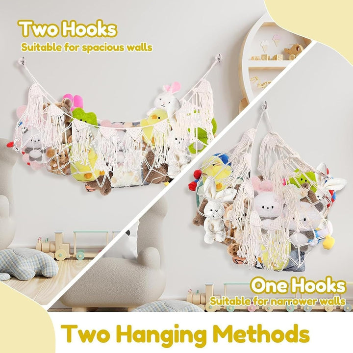 Stuffed Animal Net, Plush Toy Hammock, Boho Wall Storage | Interactive Heavy Duty Mesh Organizer for
