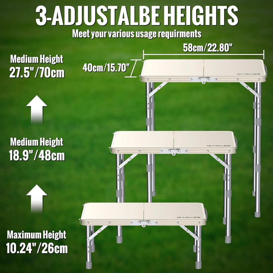 GARLLEN Campingtisch klappbar Klapptisch, 58x40cm & 3 Höhenverstellbar(26/48/70cm) ABS Wasserdichter