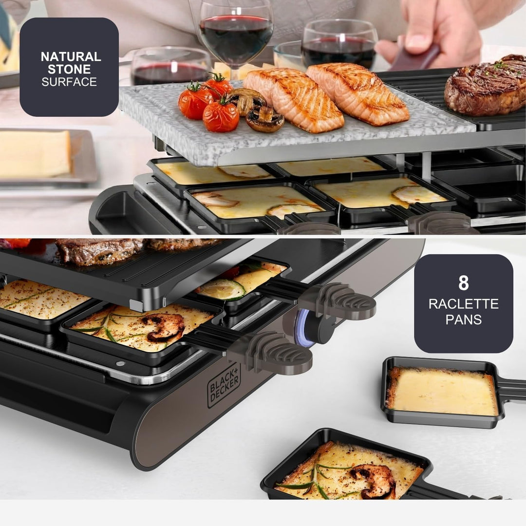 Black+Decker – Raclette| 8 Personen| Platten 21 x 21 cm| Regulierbare Temperatur| 1400 W| Umkehrbare