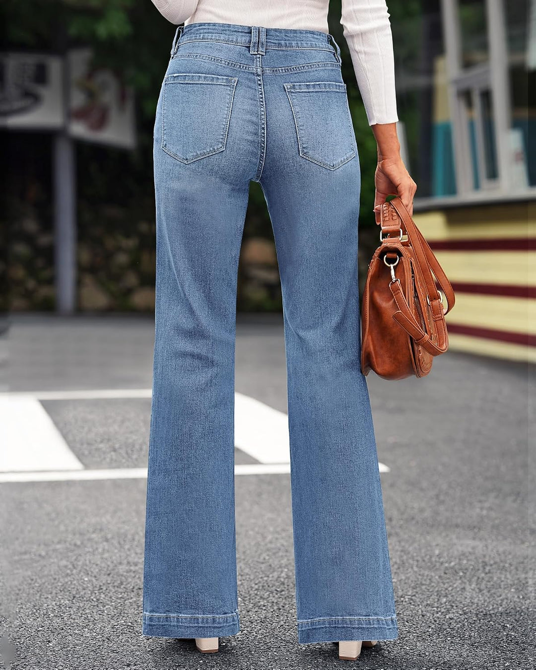 Roskiky Schlaghose Damen High Waist Wide Leg Baggy Jeans Stretch Hosen M Cooles Klassisches Blau, M