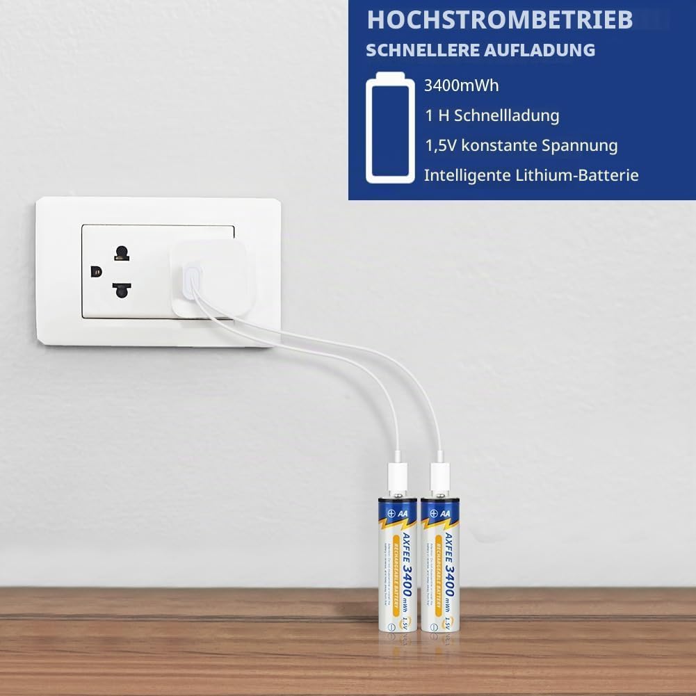 AXFEE Wiederaufladbare Lithium AA Akku, 4 Stück 1.5V 3400mWh USB-C AA Akkus Lithium mit 2-in-1 Ladek