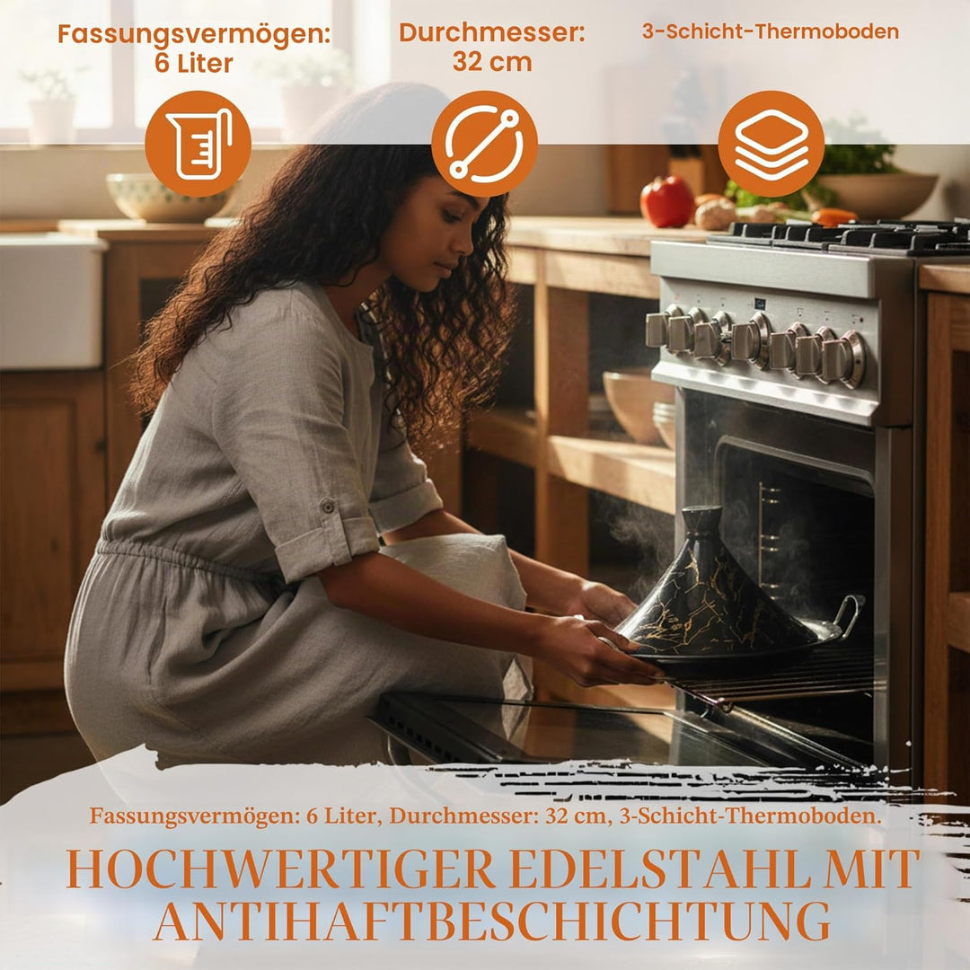 Royal Swiss Tajine 38 cm – Edelstahl mit Keramikdeckel & Dampfventil | Für Induktion, Gas, Ofen & Mi