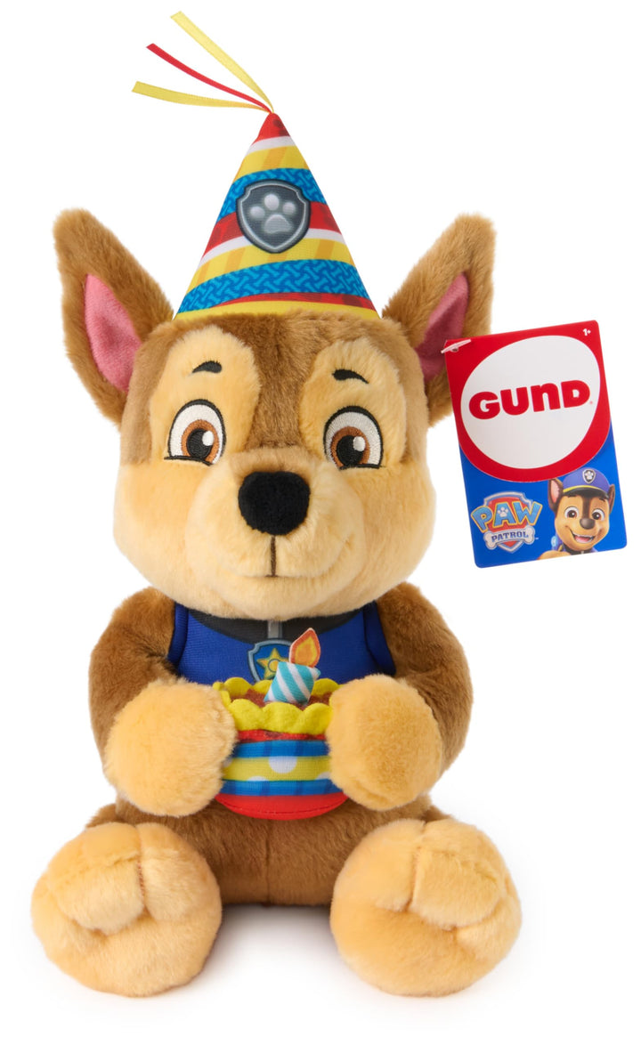 PAW PATROL Chase Kuscheltier im Geburtstagsoutfit, ab 3 Jahren | 23 cm gross | Mit Partyhut & Plüsch