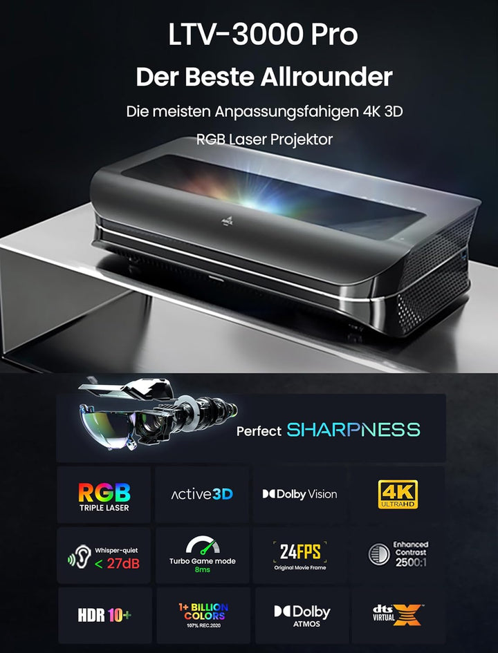 AWOL VISION LTV-3000 Pro 4K 3D Kurzdistanz Beamer 4k Laser, 3000 Lumen mit Dolby Vision & Atmos, HDR