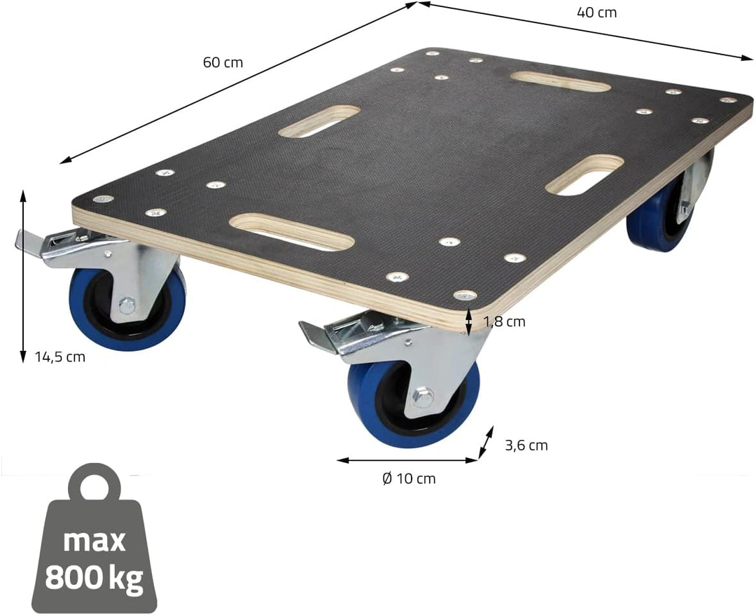 ECD Germany Transportroller mit 2x Feststellbremse 40 x 60 cm bis 800kg Siebdruckplatte - PP-Räder R