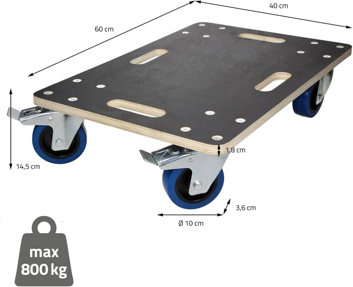 ECD Germany Transportroller mit 2x Feststellbremse 40 x 60 cm bis 800kg Siebdruckplatte - PP-Räder R