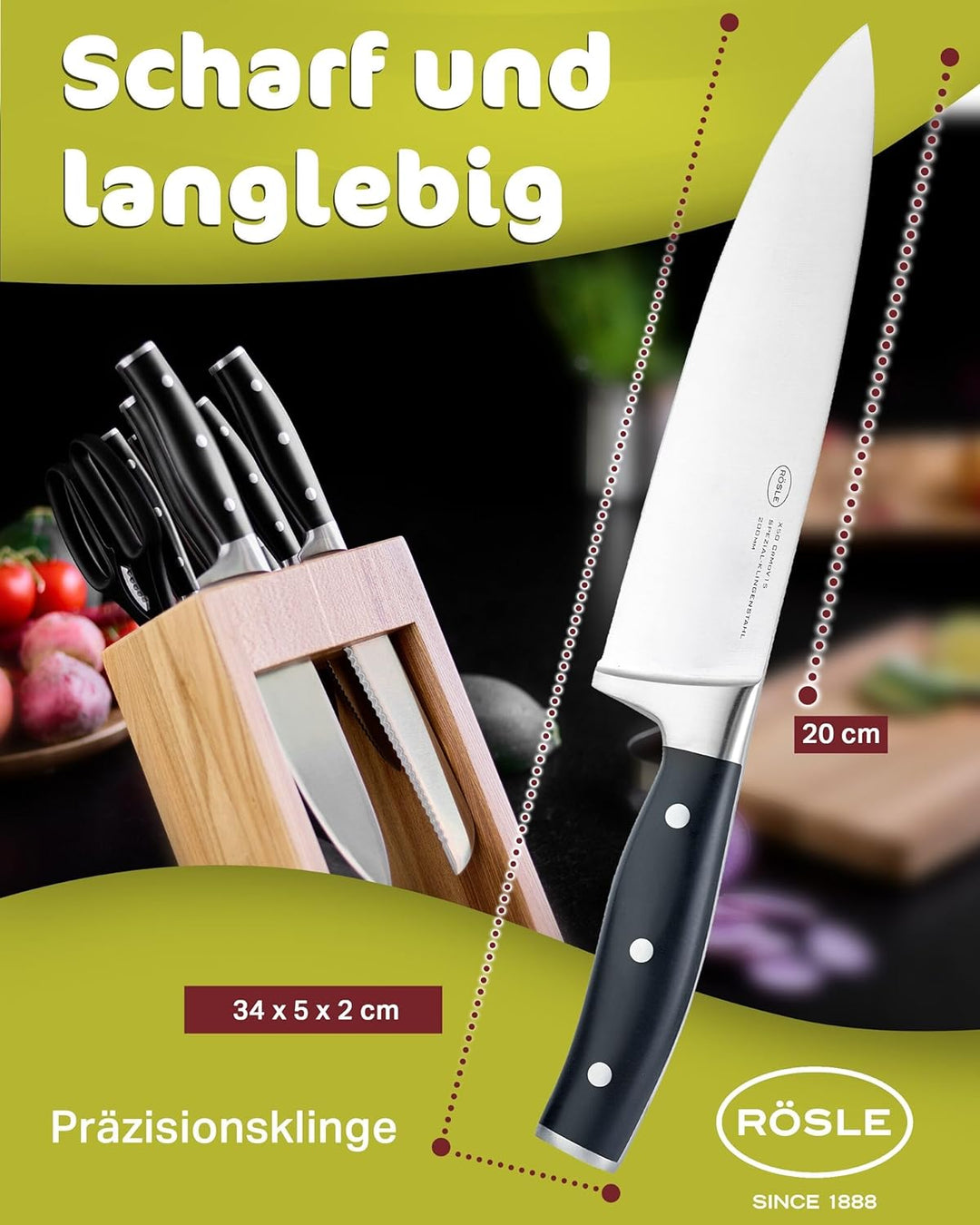 RÖSLE Kochmesser Tradition, Hochwertiges Küchenmesser zum Schneiden von Fleisch, Fisch, Geflügel und