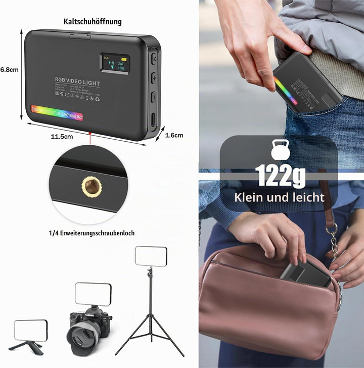 RGB LED Videoleuchte 8W LUXCEO,140 Lampenperlen LED Kamera Licht,USB Wiederaufladbares LED Panel für