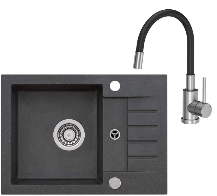 VBChome Spüle Schwarz 58 x 42 cm mit Spültischarmatur Granit Einzelbecken Einbauspüle gesprenkelt fl