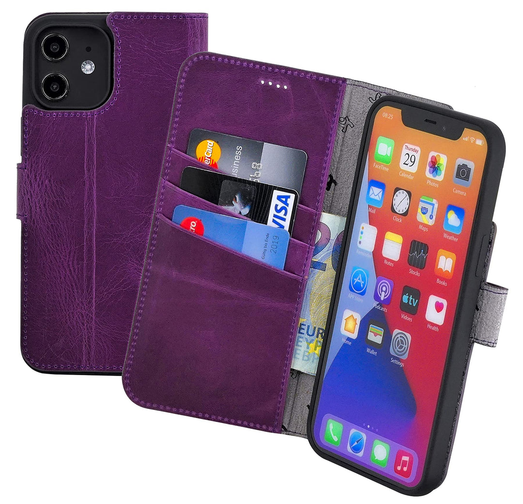 Suncase Book-Style Hülle kompatibel mit iPhone 12 (6.1") Leder Tasche (Slim-Fit) Lederhülle Handytas