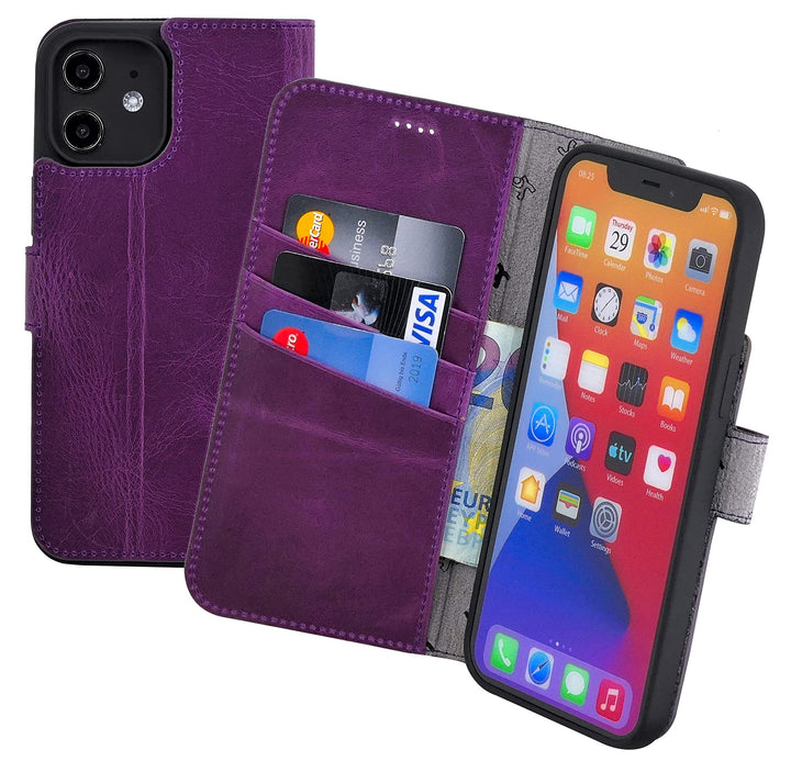 Suncase Book-Style Hülle kompatibel mit iPhone 12 (6.1") Leder Tasche (Slim-Fit) Lederhülle Handytas