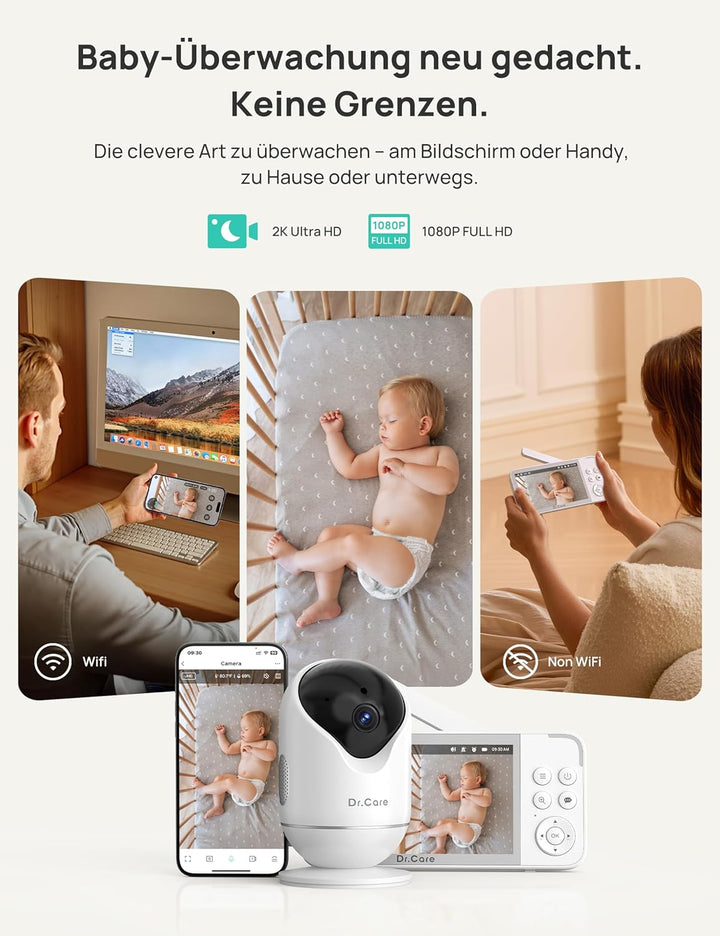 Dr.Care VistaView Smart WLAN Babyphone mit Kamera, 1080P HD, 2K Kamera, App-Steuerung, Bewegungs- &amp;
