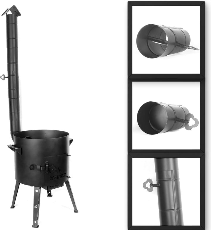Premium Gusseisen Kazan Set 12 L mit Ofen Utschak Feuerofen Ø40 cm Uchag 2mm Stahl mit Abzugsrohr Ka
