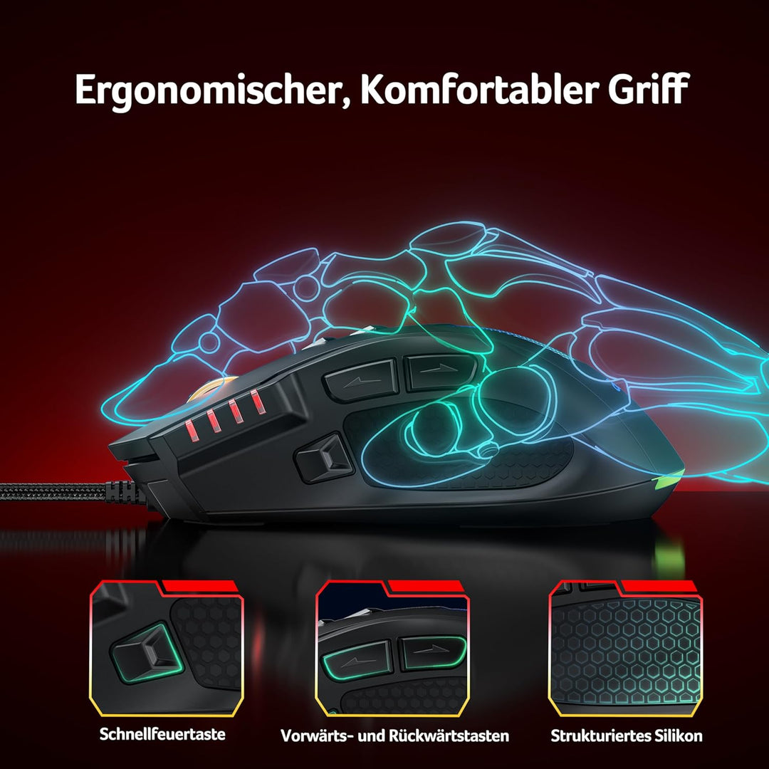 acer Gaming Maus mit Kabel 12800 DPI, Wired Computer Mouse Gaming mit Treiber, 1000Hz Abfragerate un