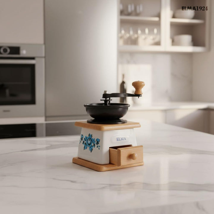 ELMA Manuelle Kaffeemühle aus Keramik für dekorative Zwecke, Retro-Vintage-Stil, braun auf Holz, Han