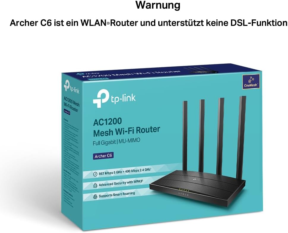 TP-Link Archer C6 Dualband Gigabit WLAN-Router (867Mbit/s 5GHz + 300Mbit/s 2,4GHz, 4 Gigabit LAN-Por