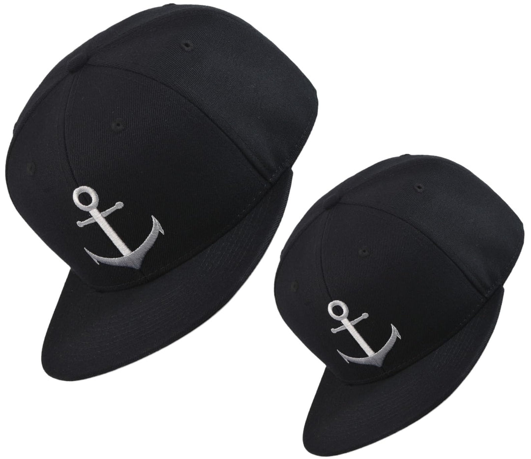 Bexxwell Snapback Caps 2er-Set Partnerlook für Klein und Gross schwarz mit Anker (optimale Passform,