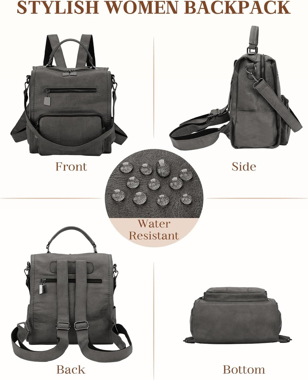 RAVUO Damen Rucksäcke,PU-Leder Rucksack Frauen Mädchen Mode Backpack Rucksack 3 Wege Reisetasche Sch