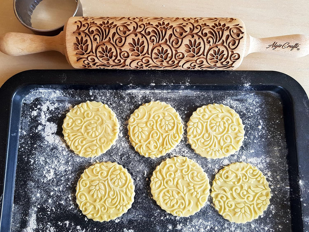 KLETTERBLUMEN Nudelholz. Teigroller mit Blumen für Hausgemachtes Gebäck und Keramik. Gravierte Nudel