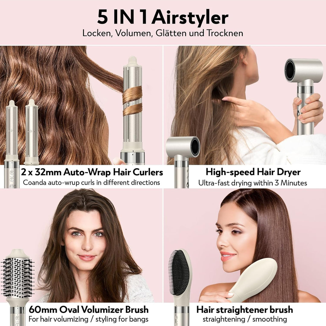 Slopehill Airstyler 5 IN 1, Ionen Föhn 110000 U/Min, Multifunktionaler Hairstyler, Lockenstab Automa