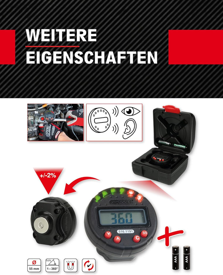 KS Tools Digitaler Drehwinkelmesser mit Magnet Ø 55,0 mm 516.1191 I Mit LED-Anzeige I Winkel Messger