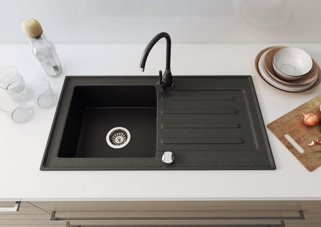 Faizee Möbel Granitspüle 76x44 Küchenspüle Eckig Spülbecken f. Unterschränke ab 45 cm inkl.Siphon Se