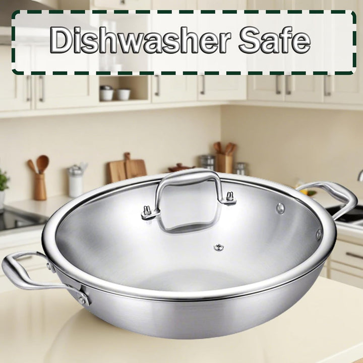 Edelstahl Pfanne 30m,3-Schicht Edelstahlpfanne,Wokpfanne mit Deckel,Induktions Servierpfannen,Gasher