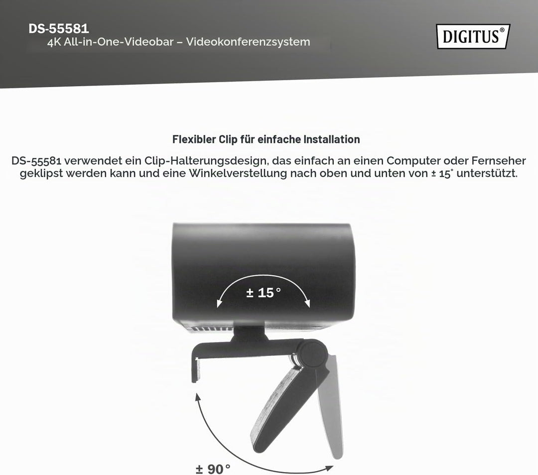 DIGITUS DS-55581 Video Bar Mini, Video-Konferenz-System – 4K UHD 30 Hz ePTZ Webcam Kamera – 2 Intern