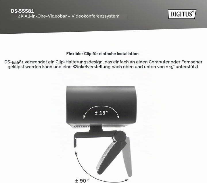 DIGITUS DS-55581 Video Bar Mini, Video-Konferenz-System – 4K UHD 30 Hz ePTZ Webcam Kamera – 2 Intern