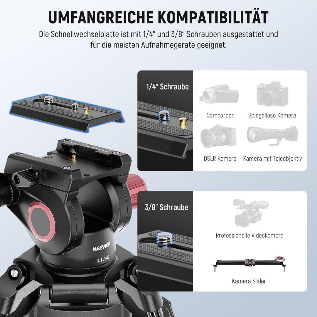 NEEWER LL38 79"/2m Video Kamerastativ mit Fluidkopf und Reinigungstuch, Robustes Metallstativ mit EI