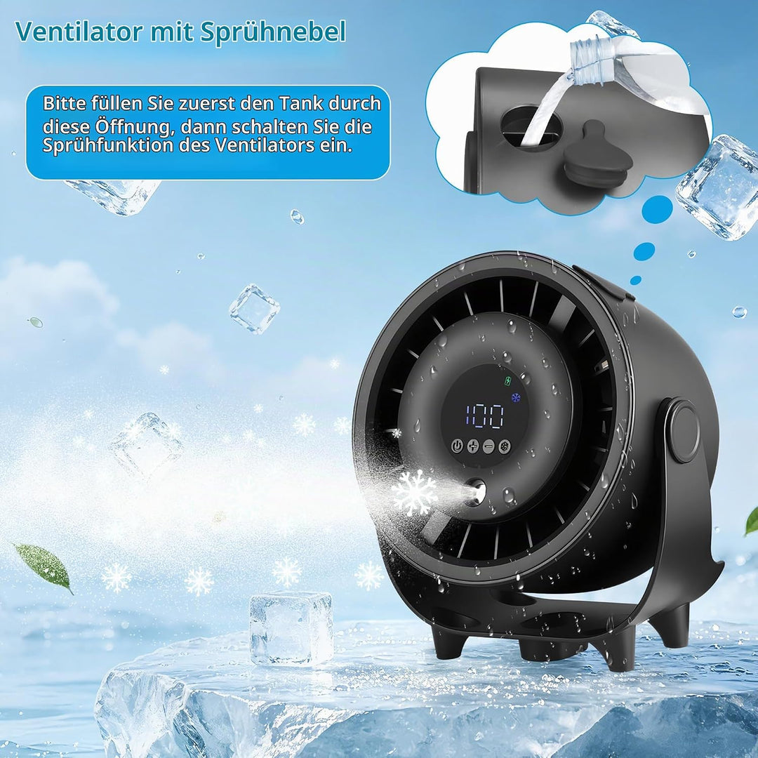 Kssvzz Tischventilator mit Nebelfunktion, Mini Ventilator Leiser über USB Aufladbar, 6000-mAh-Akku,