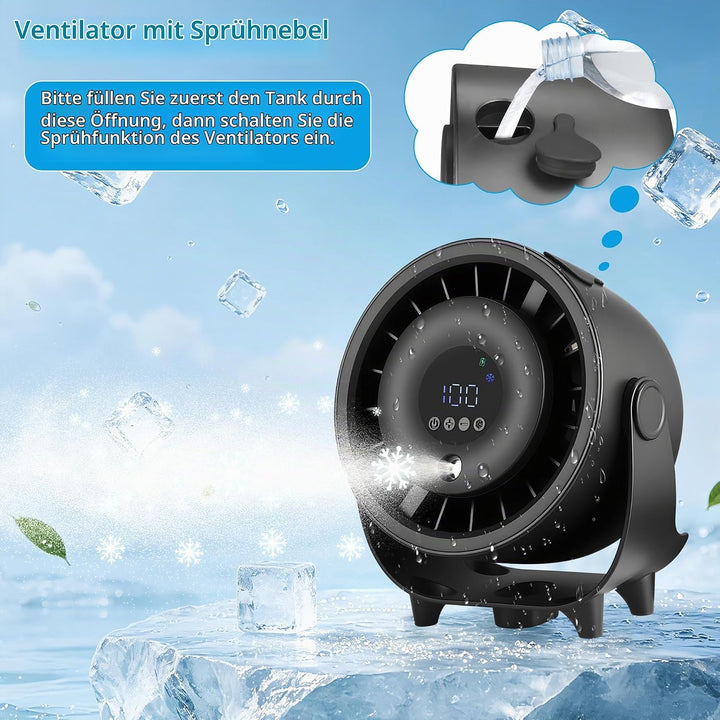 Kssvzz Tischventilator mit Nebelfunktion, Mini Ventilator Leiser über USB Aufladbar, 6000-mAh-Akku,