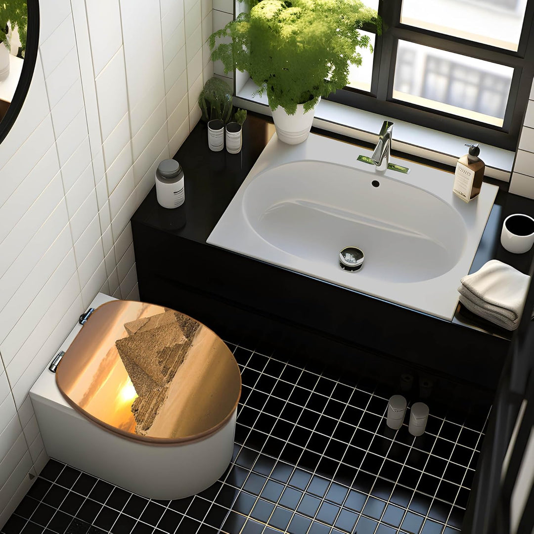 banjado® Design WC Sitz Bambus Absenkautomatik mit Motiv Pyramiden/Toilettendeckel mit Absenkautomat