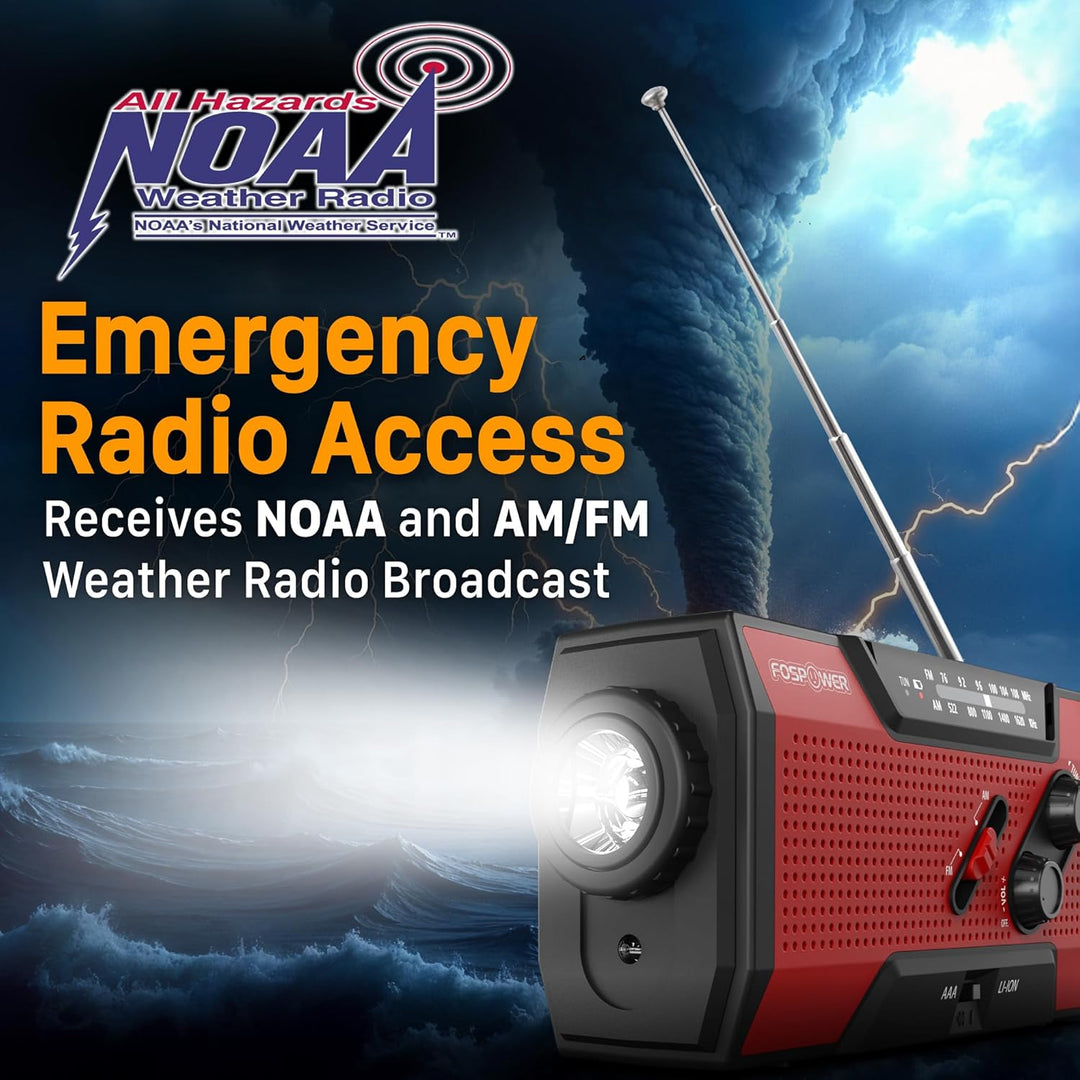 FosPower - Notfallradio NOAA/AM/FM mit 7400mWh Tragbare Powerbank - Aufladung per USB/Solar/Handkurb