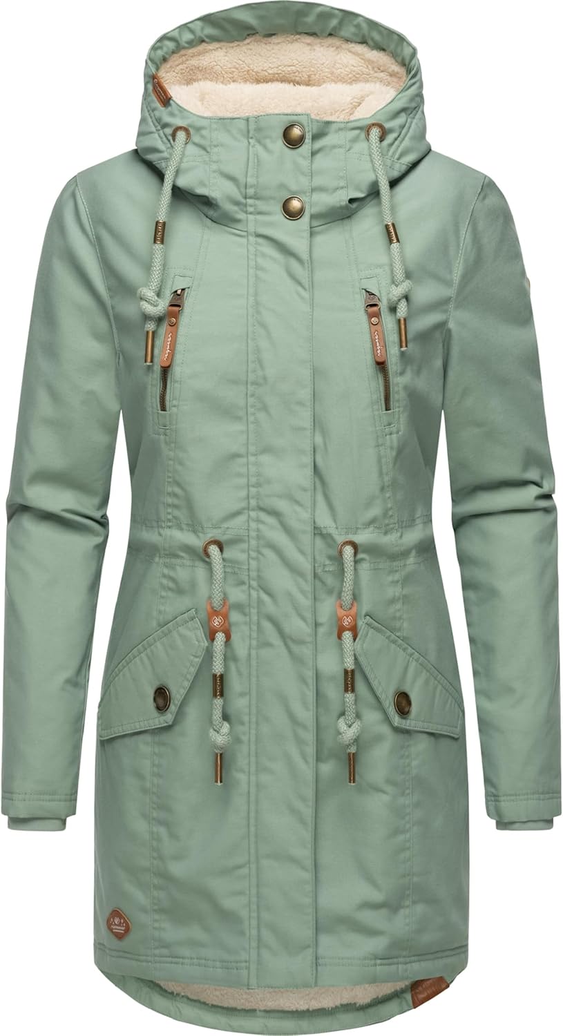 Ragwear Damen Mantel lange warme Winterjacke mit Teddyfell-Kapuze Elsie Intl XS-6XL L Dusty Green24,