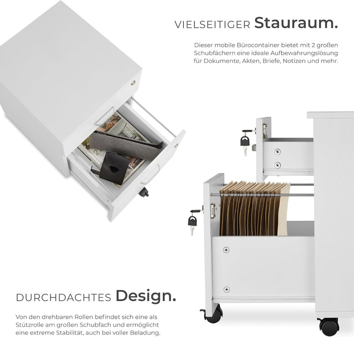 tectake® Rollcontainer mit Schubladen, Aktenschrank abschliessbar, Kommode mit Schubladen, Rollwagen