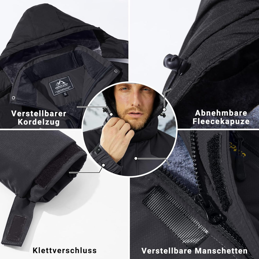 KEFITEVD Herren Skijacke Atmungsaktiv Warm Gefüttert Winterjacke mit Abnehmbarer Kapuze Snowboardjac