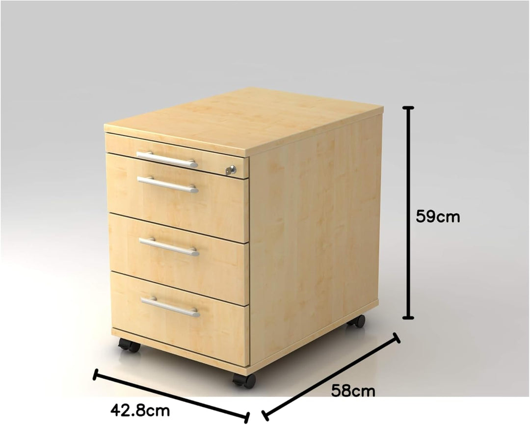 Bümö® Rollcontainer mit 3 Schüben & Schloss | Bürocontainer aus Holz | Tischcontainer mit Rollen | i
