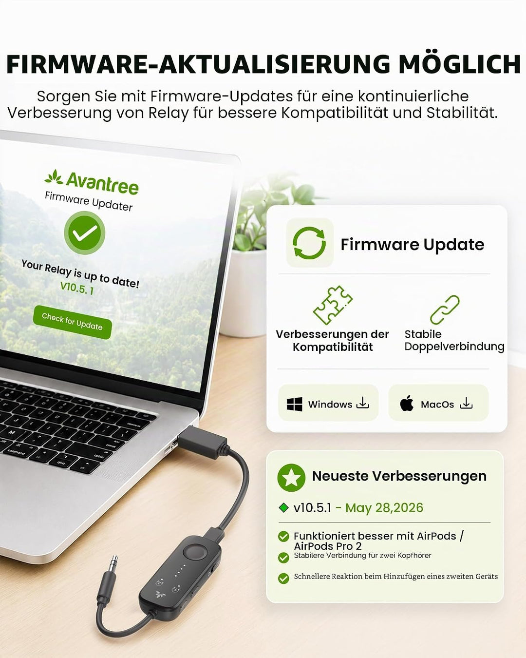 Avantree Relay - Premium Flugzeug Bluetooth 5.3 Adapter für alle Kopfhörer, apt-X geringe Latenz, un
