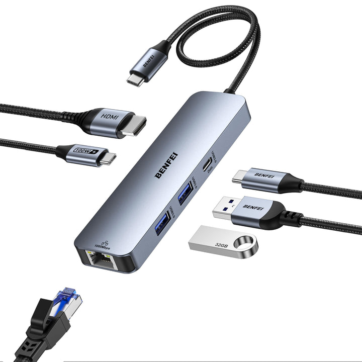 BENFEI 6in1 USB C Hub mit HDMI 4k@60HZ/PD 100W/ Gigabit Ethernet/ 1*USB C+2*USB A Datenports 5Gbps,