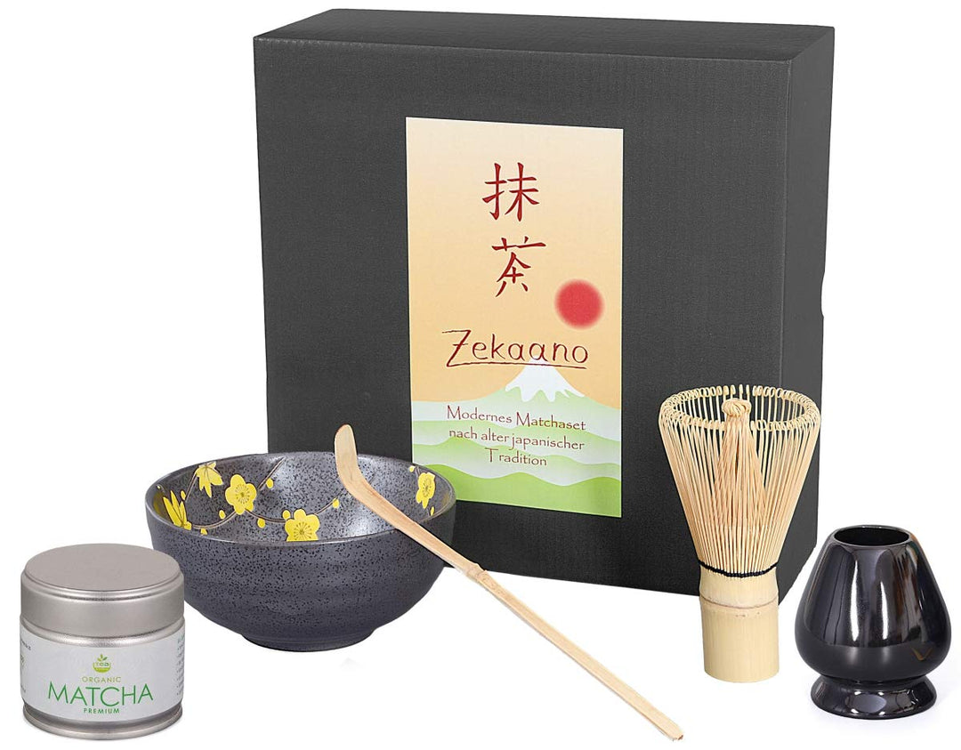 Matcha Komplett Set 5-teilig: Schale anthrazit/gelb 250ml, Bambuslöffel, Bambusbesen, Besenhalter un