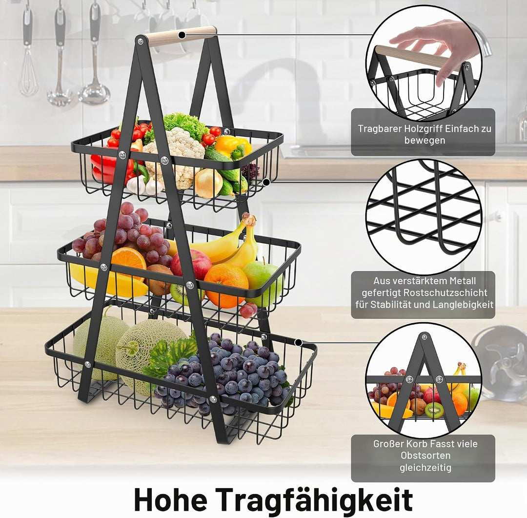 AufuN Obst Etagere, 3 Stöckig Obstkorb Rack Obstschale aus Metall, Abnehmbar Obst Halter Küche Ablag