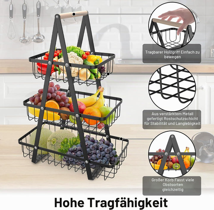 AufuN Obst Etagere, 3 Stöckig Obstkorb Rack Obstschale aus Metall, Abnehmbar Obst Halter Küche Ablag
