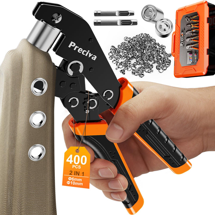 Preciva Ösenzange Set,Austauschbar Zangekopf Ösenpresse 400 Ösen (200pcs Ø6mm&amp;Ø10mm) mit Aufbewahrun