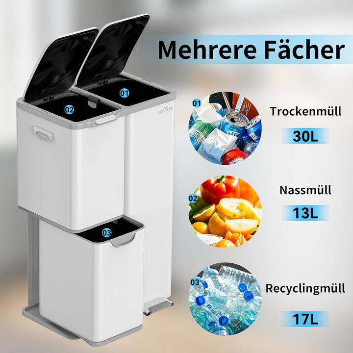 mVm Mülleimer Küche,60 Liter Treteimer,3 Fächer, Mülltrennsystem, Abfalleimer Küche mit Inneneimer a