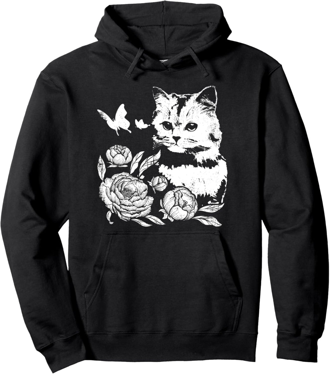 Katze mit Rosen und Schmetterlingen, blumig Pullover Hoodie