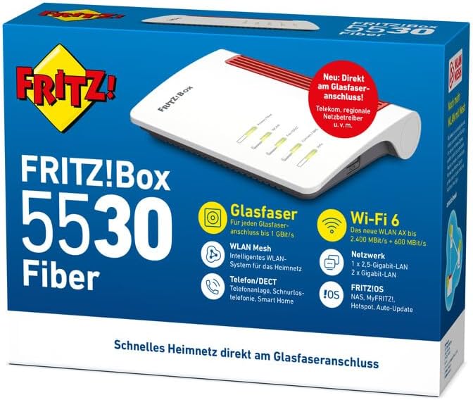 AVM FRITZ!Box 5530 Fiber (Glasfasermodem mit 2x2 Wi-Fi 6 (WLAN AX), bis zu 3 GBit/s, 2.5-Gigabit-LAN
