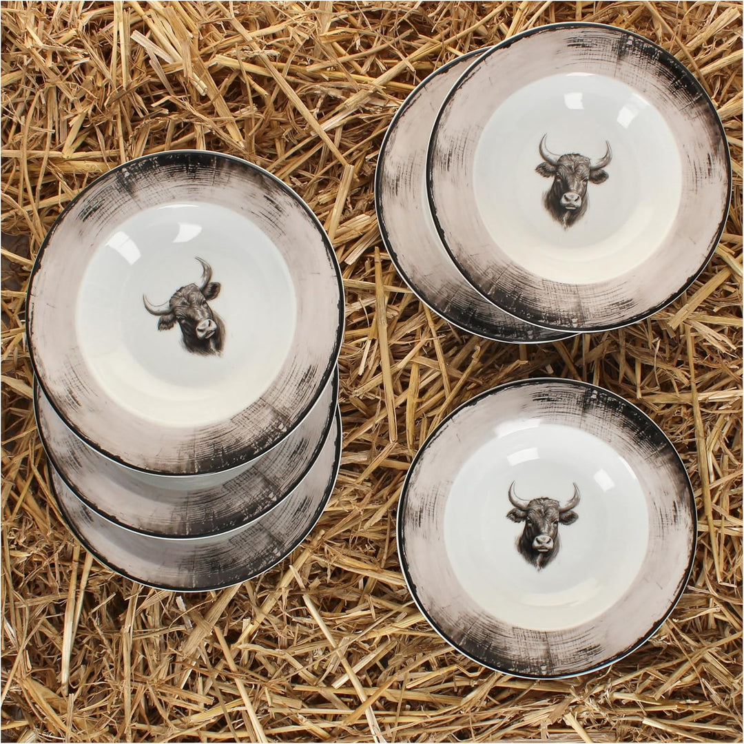 MamboCat 6er Set Toro Suppenteller I 200ml I weiss-rosa Porzellan-Teller mit Kuh Motiv für 6 Persone